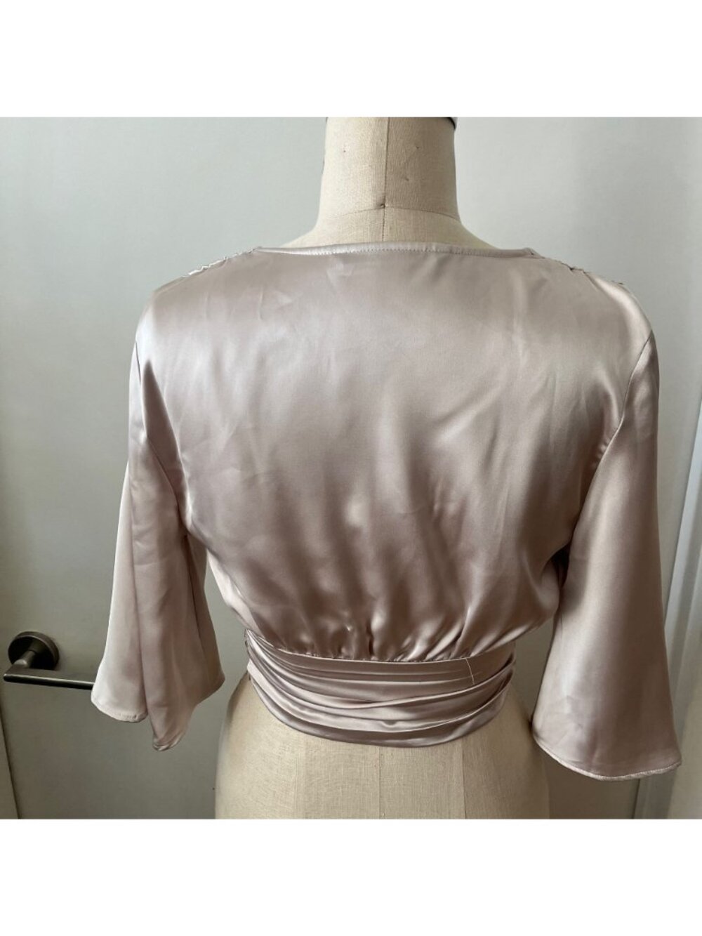 ZARA Silver Satin Cropped Blouse with Bell Sleeves, and Low V-Neck  Size XS - Picture 3 of 7
